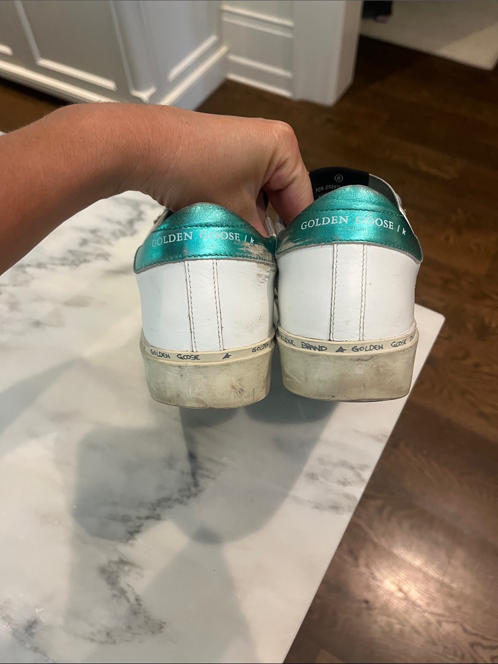 Golden Goose White Sneakers with Silver Glitter Star and Teal Heel - Picture 5 of 7